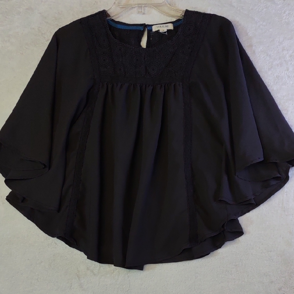 Taylor & Sage Charcoal Flowy Blouse Butterfly Sleeve Boho Whimsygoth Dark Fairy